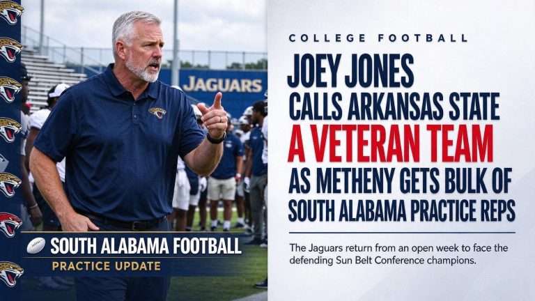 Illustration for the news story: Joey Jones Calls Arkansas State a Veteran Team as Metheny Gets Bulk of South Alabama Practice Reps