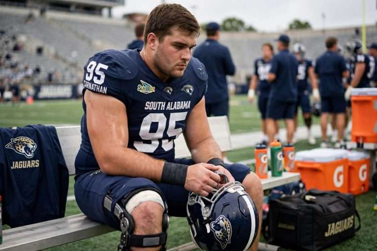 Illustration for the news story: South Alabama to Play FIU Without Defensive Lineman Randon Carnathan After Knee Injury