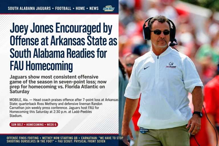 Illustration for the news story: Joey Jones Encouraged by Offense at Arkansas State as South Alabama Readies for FAU Homecoming