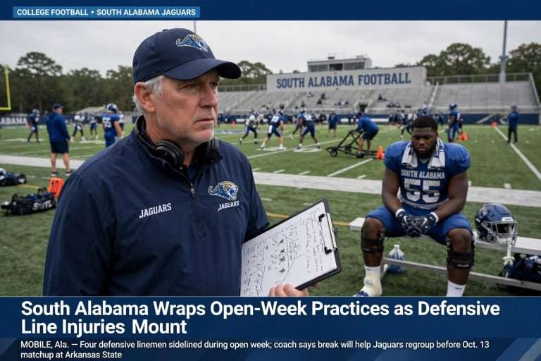 Illustration for the news story: South Alabama Wraps Open-Week Practices as Defensive Line Injuries Mount