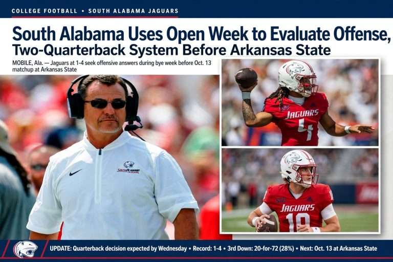 Illustration for the news story: South Alabama Uses Open Week to Evaluate Offense, Two-Quarterback System Before Arkansas State