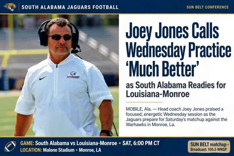 Illustration for the news story: Joey Jones Calls Wednesday Practice ‘Much Better’ as South Alabama Readies for Louisiana-Monroe