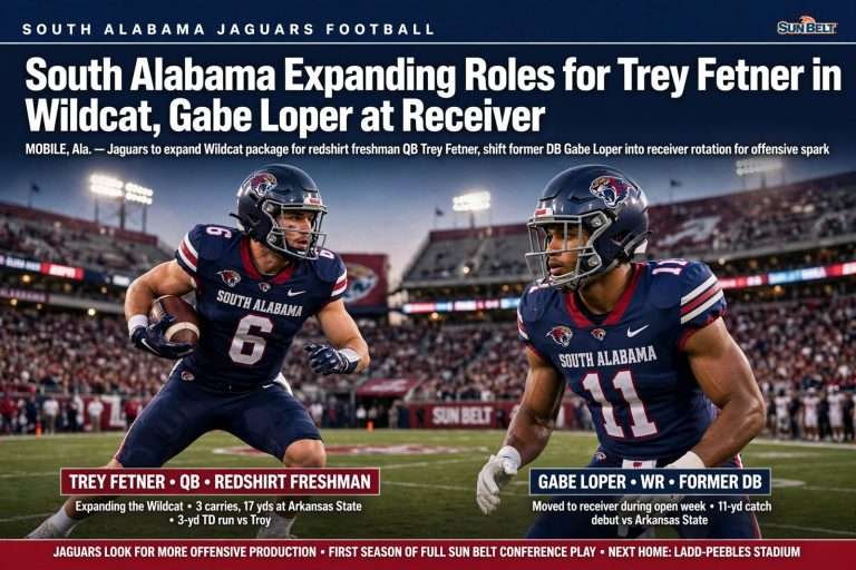 Illustration for the news story: South Alabama Expanding Roles for Trey Fetner in Wildcat, Gabe Loper at Receiver