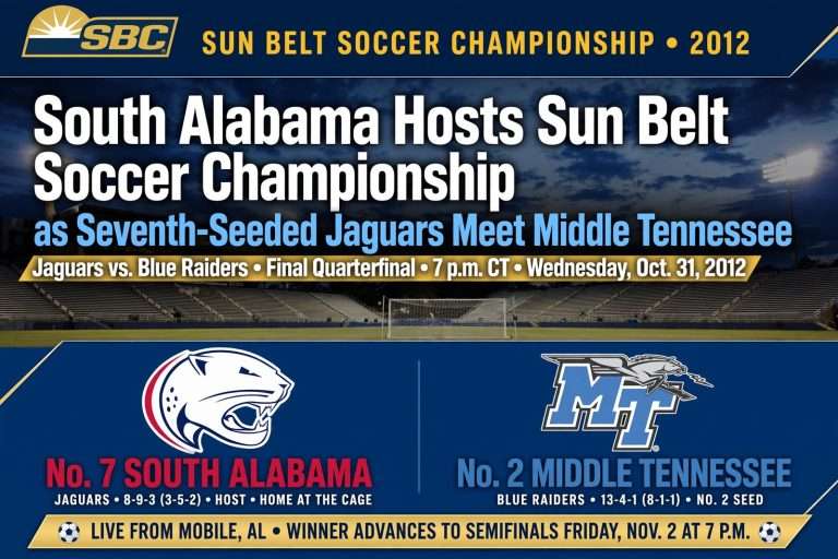 Illustration for the news story: South Alabama Hosts Sun Belt Soccer Championship as Seventh-Seeded Jaguars Meet Middle Tennessee