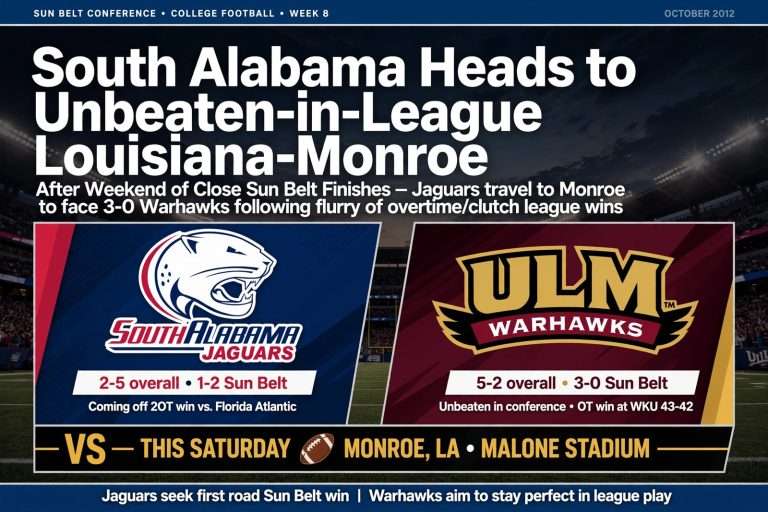 Illustration for the news story: South Alabama Heads to Unbeaten-in-League Louisiana-Monroe After Weekend of Close Sun Belt Finishes