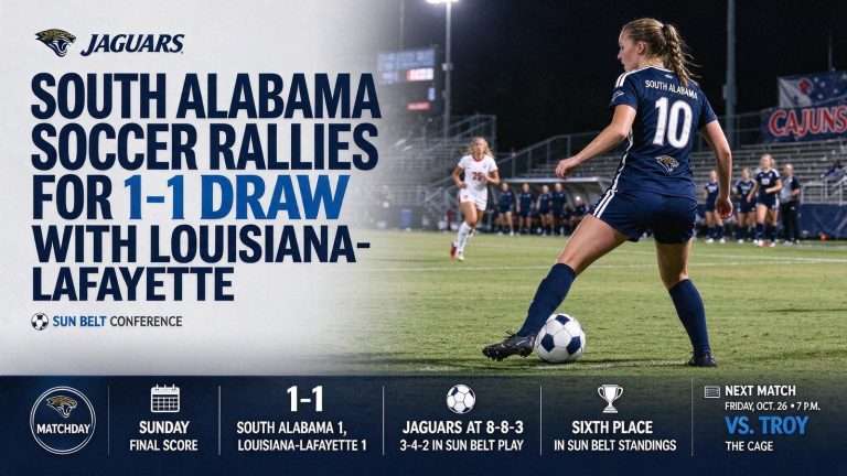 Illustration for the news story: South Alabama Soccer Rallies for 1-1 Draw With Louisiana-Lafayette