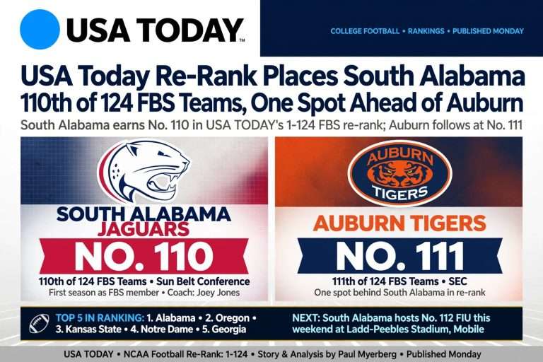 Illustration for the news story: USA Today Re-Rank Places South Alabama 110th of 124 FBS Teams, One Spot Ahead of Auburn