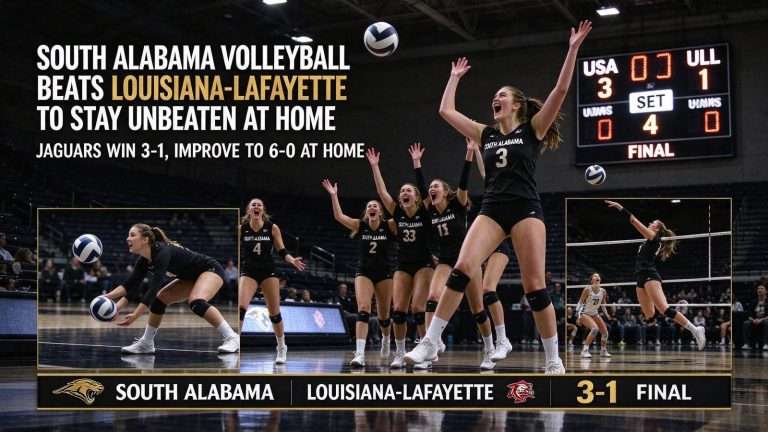 Illustration for the news story: South Alabama Volleyball Beats Louisiana-Lafayette to Stay Unbeaten at Home