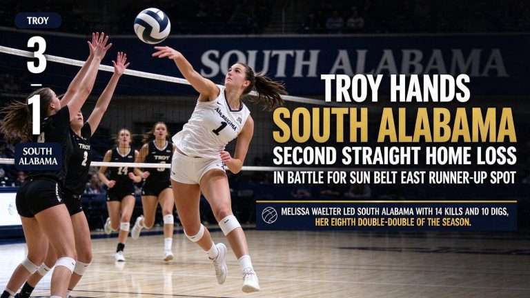Illustration for the news story: Troy Hands South Alabama Volleyball Second Straight Home Loss in Battle for Sun Belt East Runner-Up Spot