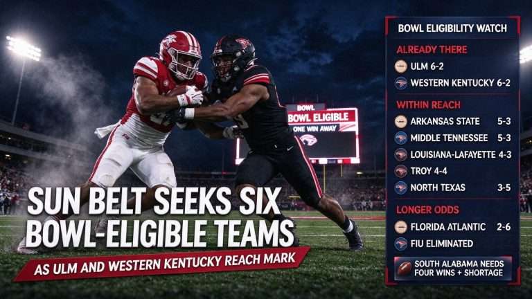 Illustration for the news story: Sun Belt Seeks Six Bowl-Eligible Teams as ULM and Western Kentucky Reach Mark