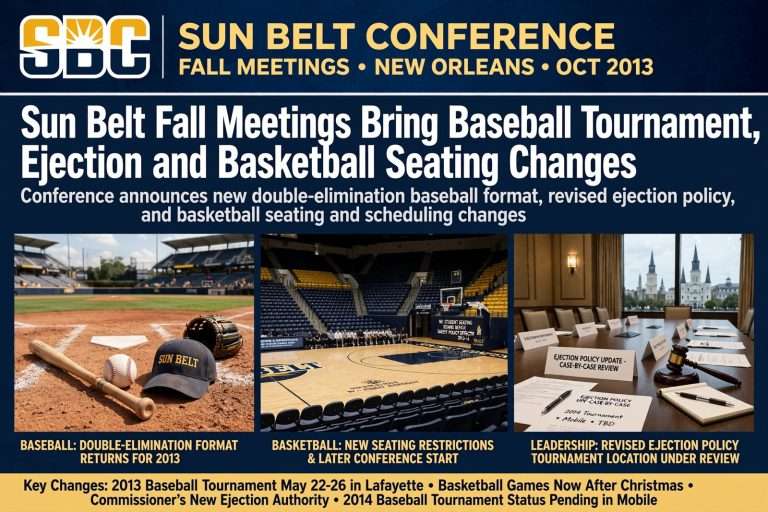 Illustration for the news story: Sun Belt Fall Meetings Bring Baseball Tournament, Ejection and Basketball Seating Changes