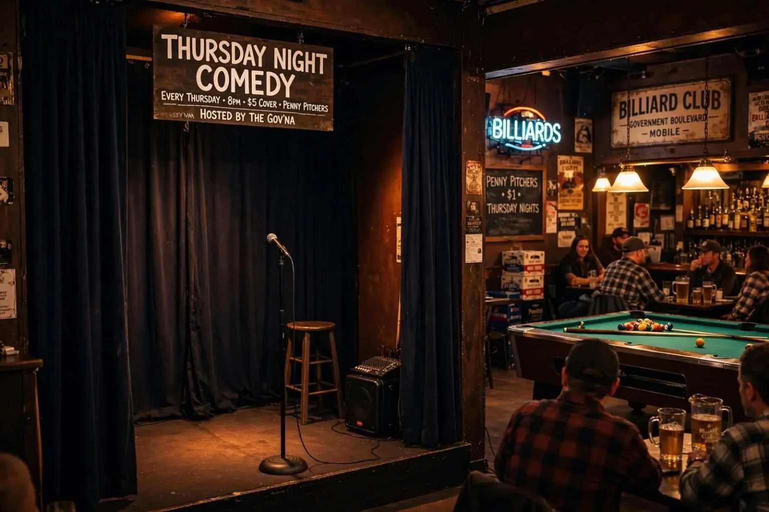 Illustration for the news story: Thursday Night Comedy Gives Mobile Stand-Up a Real Home at the Billiard Club