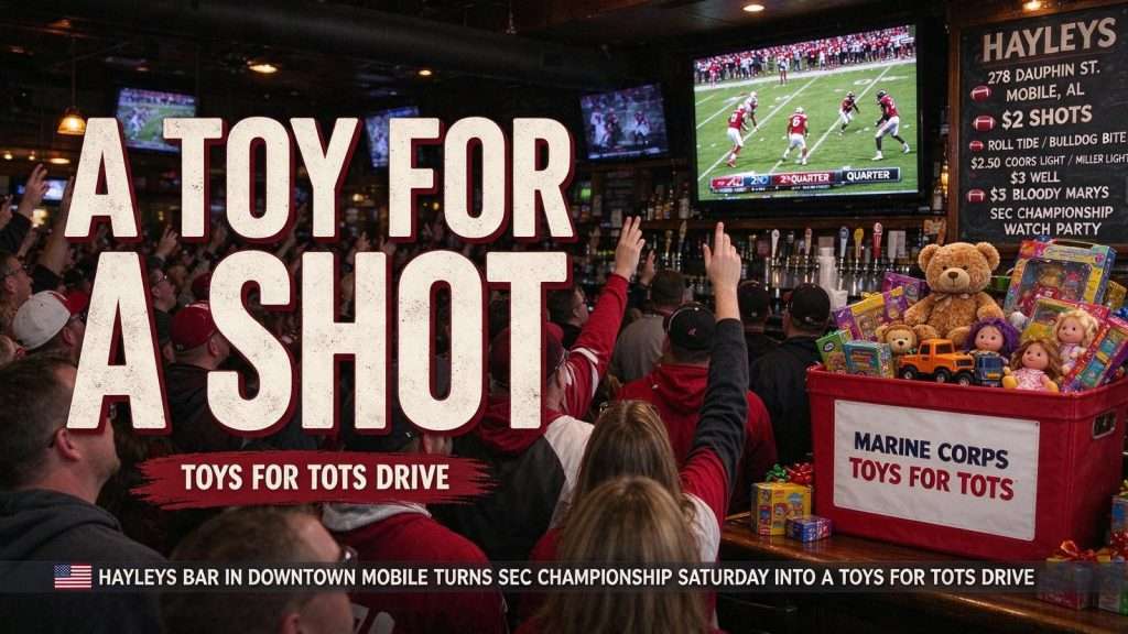 Illustration for the news story: Downtown Mobile Bar Turns SEC Championship Saturday Into a Toys for Tots Drive