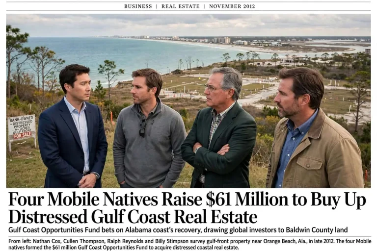 Illustration for the news story: Four Mobile Natives Raise $61 Million to Buy Up Distressed Gulf Coast Real Estate