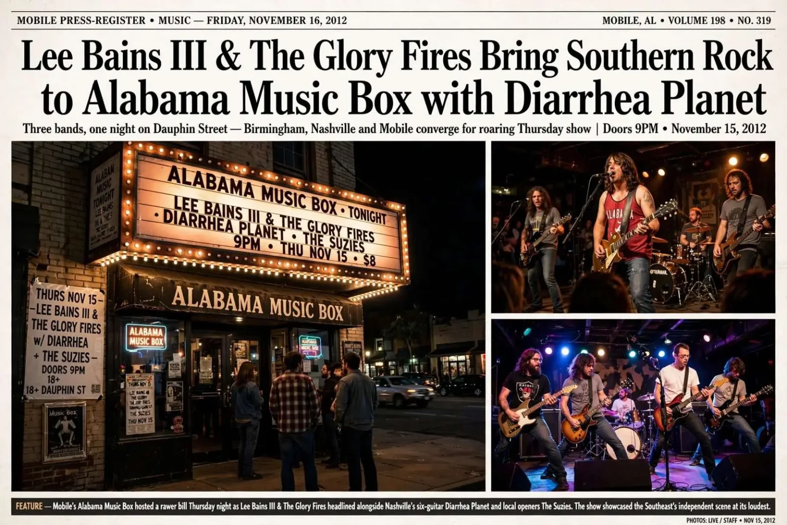 Illustration for the news story: Lee Bains III & The Glory Fires Bring Southern Rock to Alabama Music Box with Diarrhea Planet