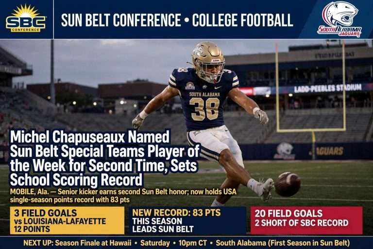 Illustration for the news story: Michel Chapuseaux Named Sun Belt Special Teams Player of the Week for Second Time, Sets School Scoring Record