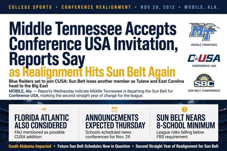 Illustration for the news story: Middle Tennessee Accepts Conference USA Invitation, Reports Say, as Realignment Hits Sun Belt Again