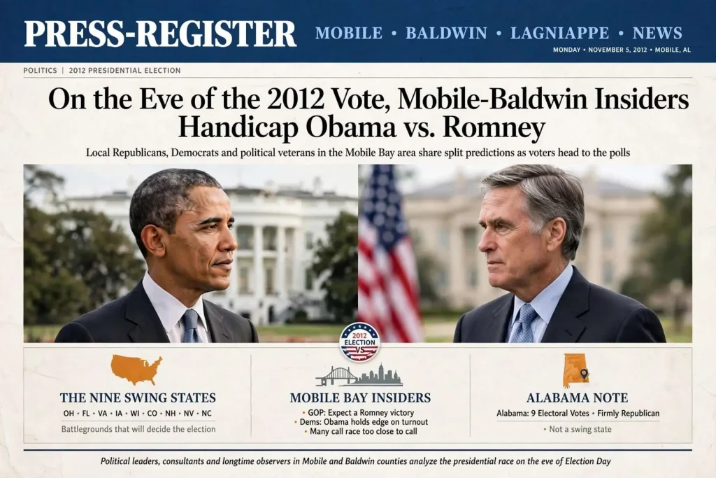 Illustration for the news story: On the Eve of the 2012 Vote, Mobile-Baldwin Insiders Handicap Obama vs. Romney