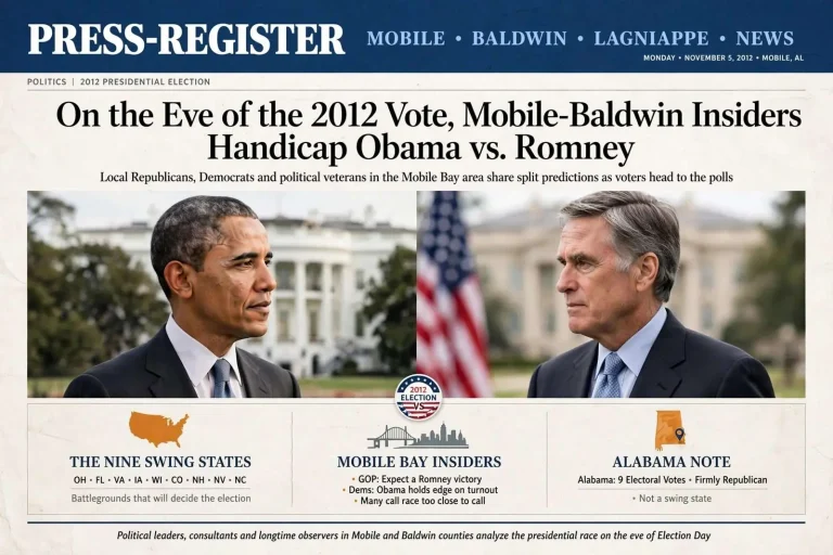 Illustration for the news story: On the Eve of the 2012 Vote, Mobile-Baldwin Insiders Handicap Obama vs. Romney