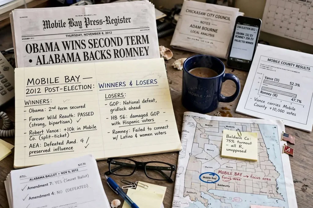 Illustration for the news story: After the 2012 Vote, Mobile Bay Analysts Tally the Winners and Losers