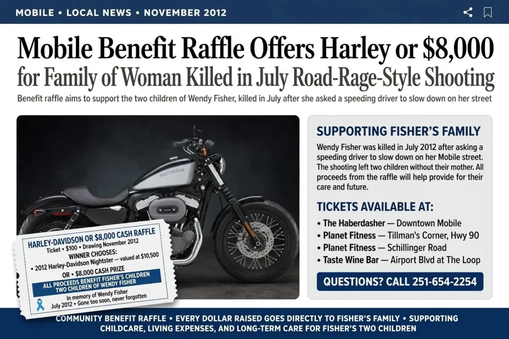 Illustration for the news story: Mobile Benefit Raffle Offers Harley or $8,000 for Family of Woman Killed in July Road-Rage-Style Shooting