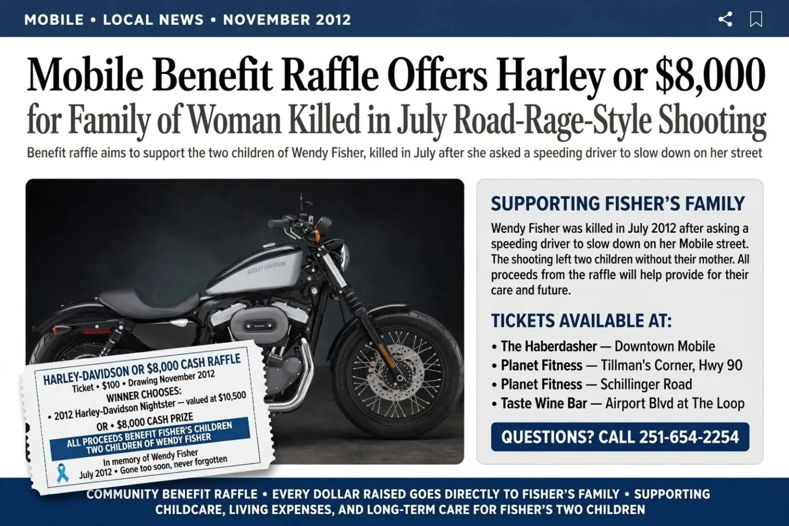 Illustration for the news story: Mobile Benefit Raffle Offers Harley or $8,000 for Family of Woman Killed in July Road-Rage-Style Shooting