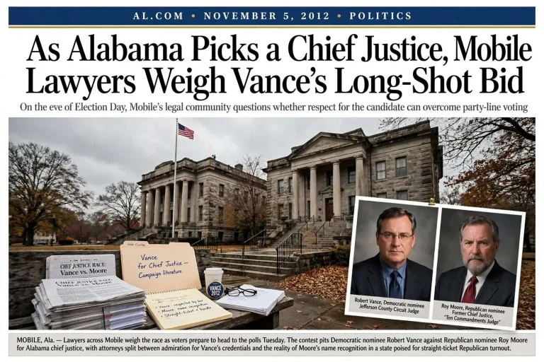 Illustration for the news story: As Alabama Picks a Chief Justice, Mobile Lawyers Weigh Vance’s Long-Shot Bid