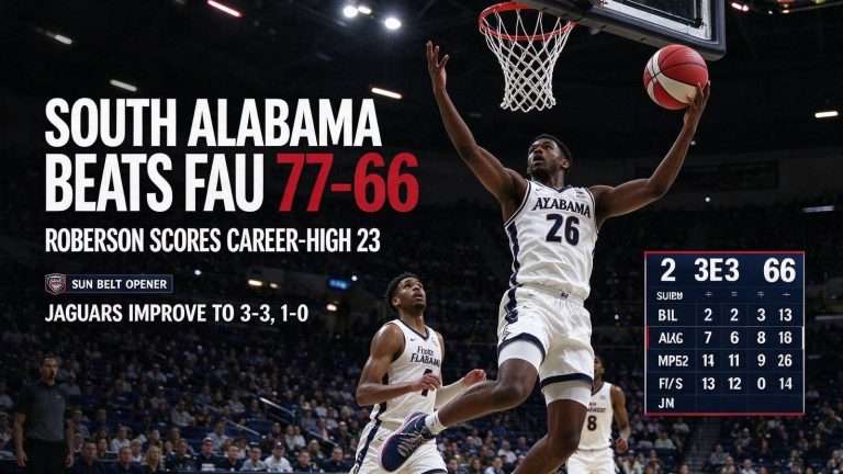 Illustration for the news story: Xavier Roberson Scores Career-High 23 as South Alabama Beats FAU 77-66 in Sun Belt Opener