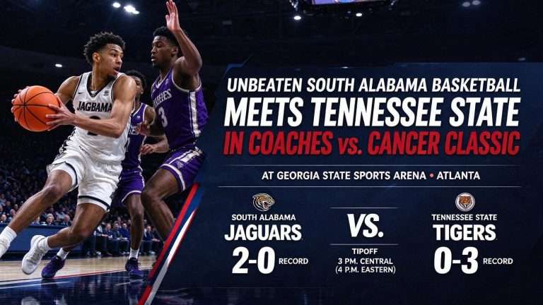 Illustration for the news story: Unbeaten South Alabama Basketball Meets Tennessee State in Coaches vs. Cancer Classic in Atlanta