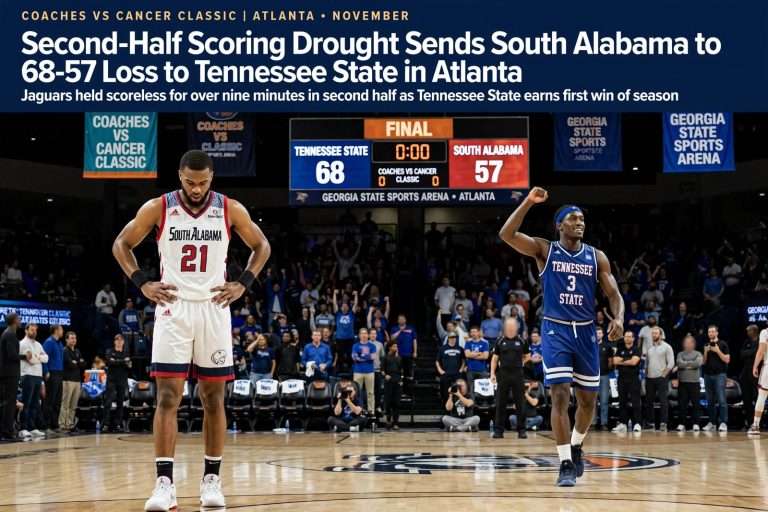 Illustration for the news story: Second-Half Scoring Drought Sends South Alabama to 68-57 Loss to Tennessee State in Atlanta