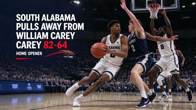 Illustration for the news story: South Alabama Pulls Away From William Carey 82-64 in Home Opener Behind Rubit and Ammons