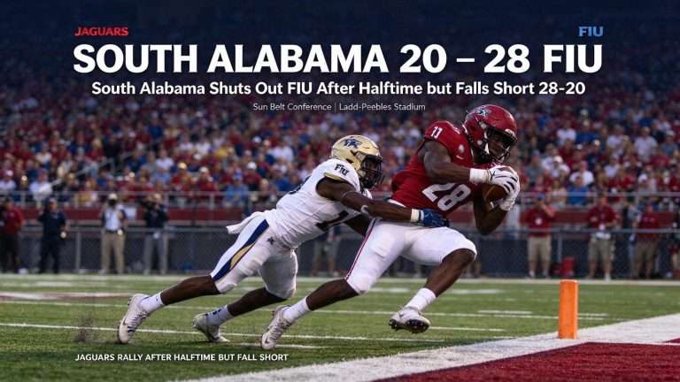 Illustration for the news story: South Alabama Shuts Out FIU After Halftime but Falls Short 28-20