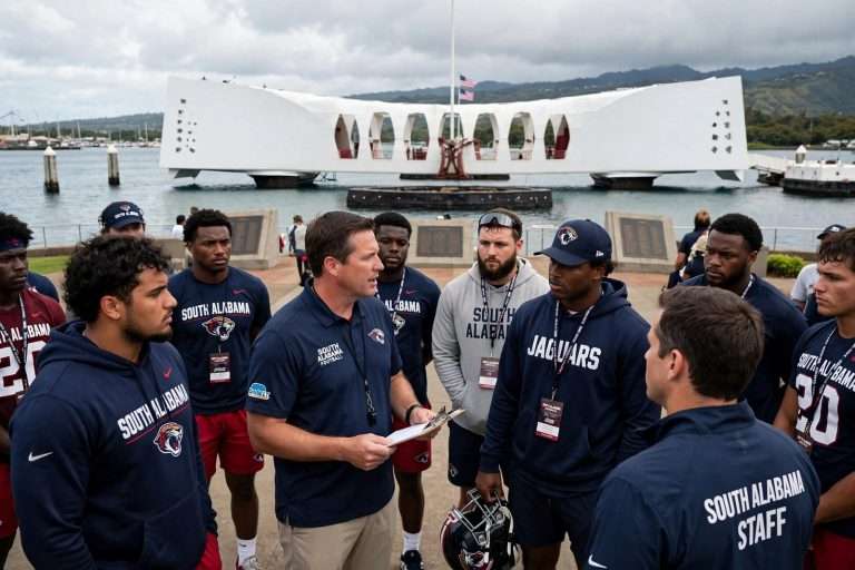 Illustration for the news story: South Alabama Practices at Aloha Stadium, Tours Pearl Harbor Ahead of Hawaii Game