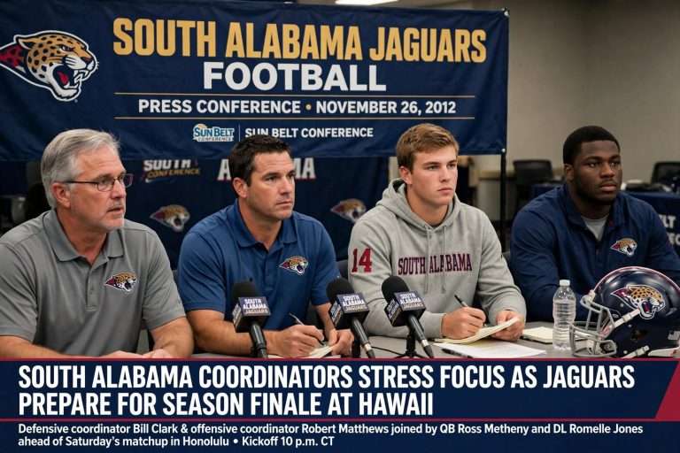 Illustration for the news story: South Alabama Coordinators Stress Focus as Jaguars Prepare for Season Finale at Hawaii