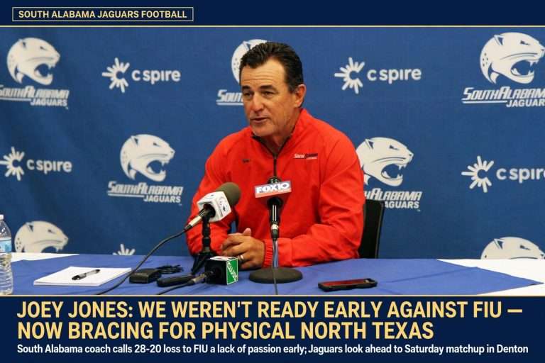Illustration for the news story: Joey Jones Says Jaguars Weren’t Ready Early Against FIU, Braces for Physical North Texas