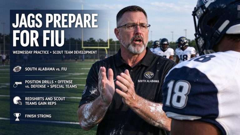Illustration for the news story: Joey Jones Praises Wednesday Practice as South Alabama Prepares for FIU, Redshirts Develop on Scout Team