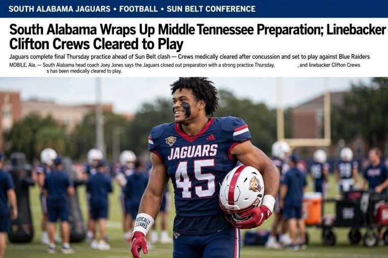 Illustration for the news story: South Alabama Wraps Up Middle Tennessee Preparation; Linebacker Clifton Crews Cleared to Play