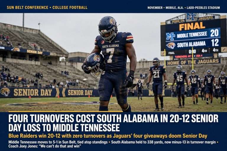 Illustration for the news story: Four Turnovers Cost South Alabama in 20-12 Senior Day Loss to Middle Tennessee