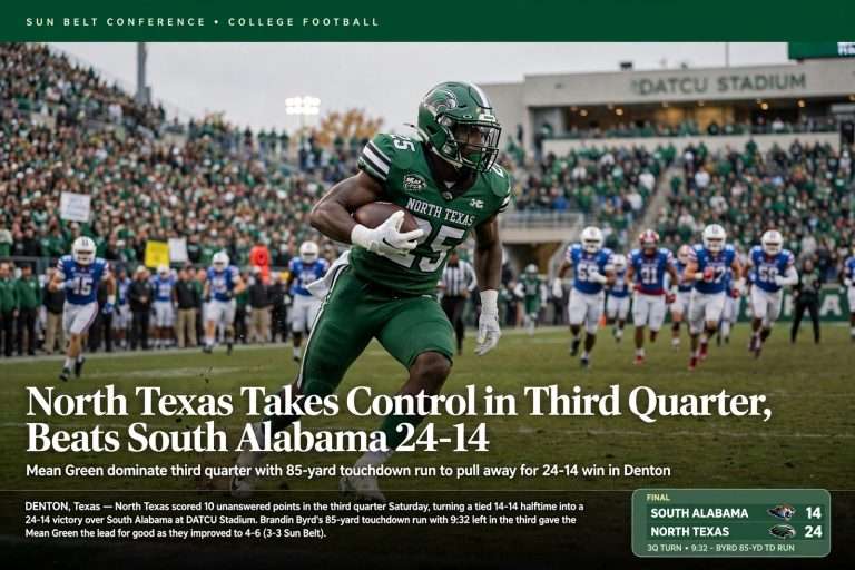 Illustration for the news story: North Texas Takes Control in Third Quarter, Beats South Alabama 24-14
