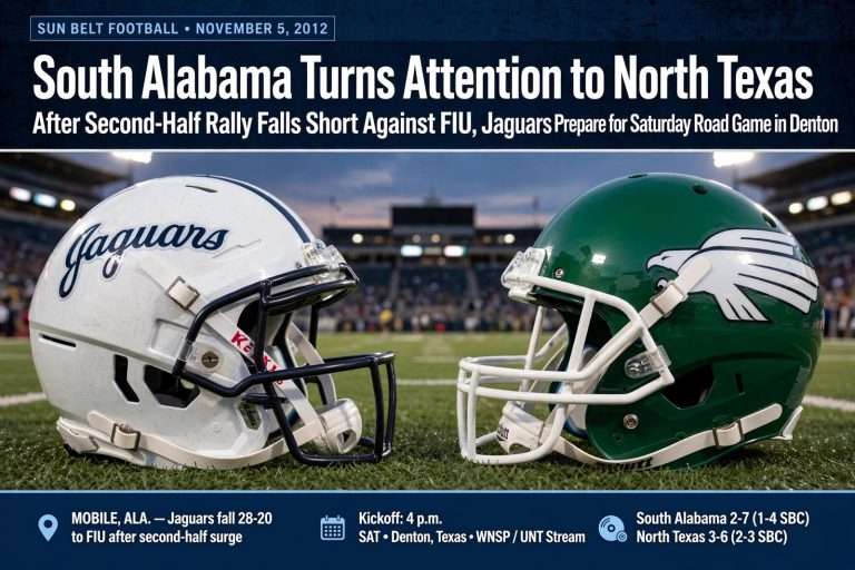 Illustration for the news story: South Alabama Turns Attention to North Texas After Second-Half Rally Falls Short Against FIU
