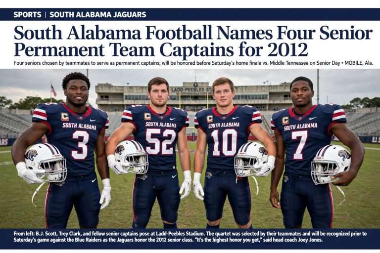 Illustration for the news story: South Alabama Football Names Four Senior Permanent Team Captains for 2012