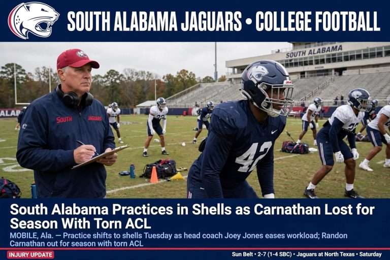 Illustration for the news story: South Alabama Practices in Shells as Carnathan Lost for Season With Torn ACL