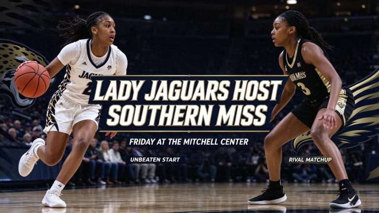 Illustration for the news story: Unbeaten South Alabama Lady Jaguars Host Southern Miss Friday at the Mitchell Center