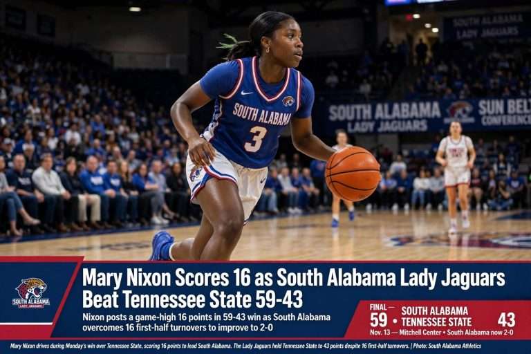 Illustration for the news story: Mary Nixon Scores 16 as South Alabama Lady Jaguars Beat Tennessee State 59-43