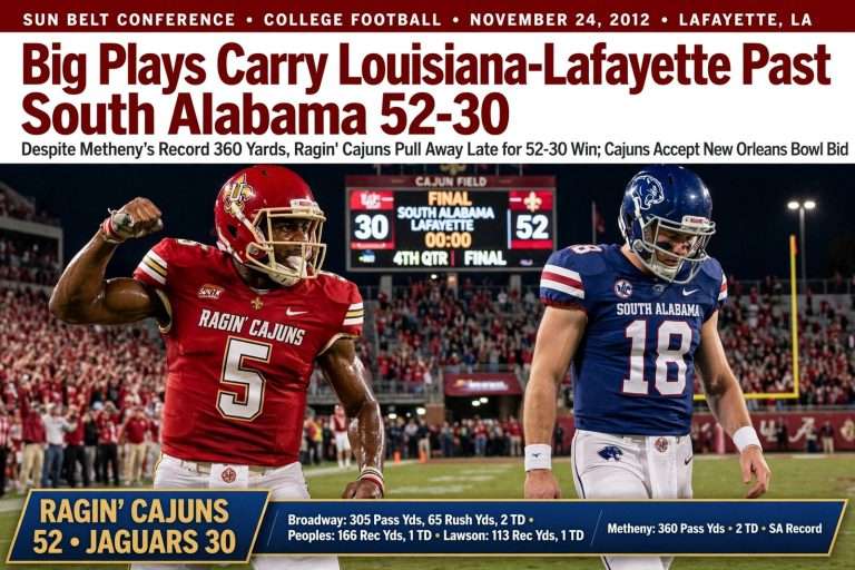 Illustration for the news story: Big Plays Carry Louisiana-Lafayette Past South Alabama 52-30 Despite Metheny’s Record 360 Yards