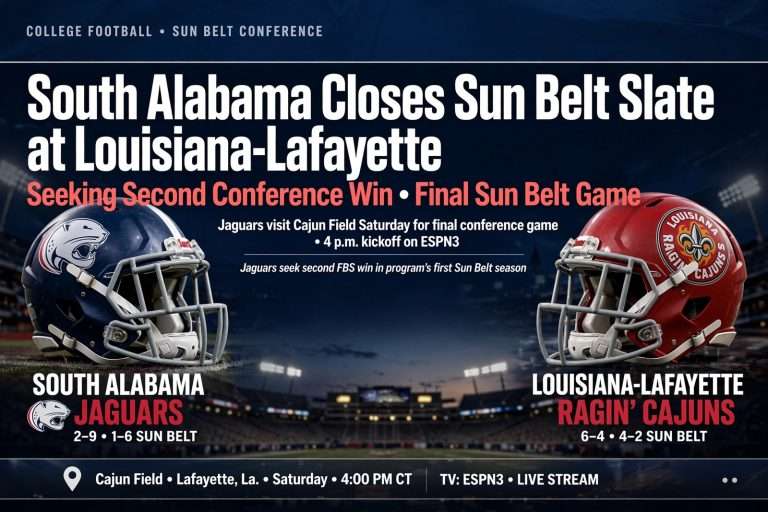 Illustration for the news story: South Alabama Closes Sun Belt Slate at Louisiana-Lafayette Seeking Second Conference Win