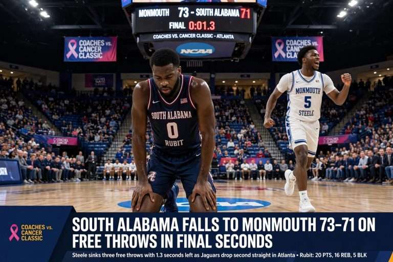 Illustration for the news story: South Alabama Falls to Monmouth 73-71 on Free Throws in Final Seconds at Coaches vs. Cancer Classic