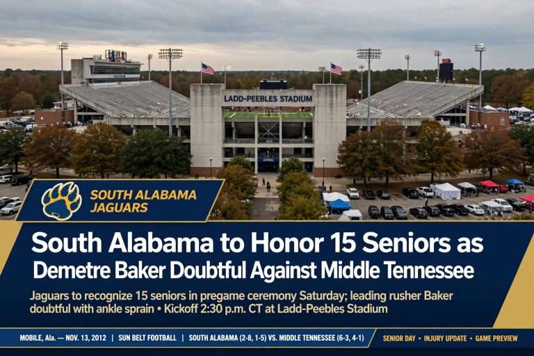 Illustration for the news story: South Alabama to Honor 15 Seniors as Demetre Baker Doubtful Against Middle Tennessee