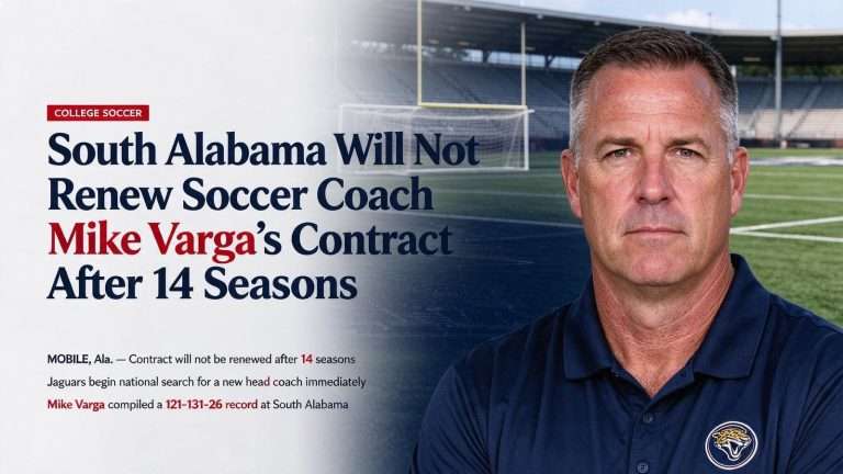 Illustration for the news story: South Alabama Will Not Renew Soccer Coach Mike Varga’s Contract After 14 Seasons