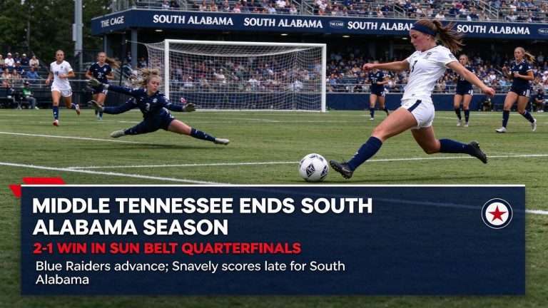 Illustration for the news story: Middle Tennessee Ends South Alabama Soccer Season With 2-1 Win in Sun Belt Quarterfinals